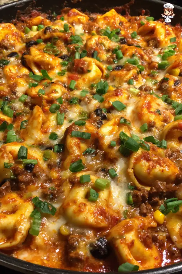 Cheesy beef enchilada tortellini skillet recipe delights!