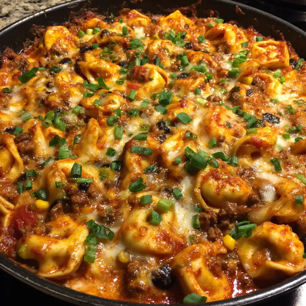 Cheesy beef enchilada tortellini skillet recipe delights!