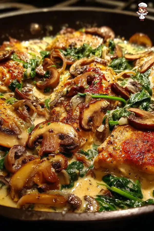 Creamy chicken mushroom spinach skillet recipe delights all!