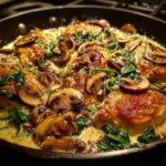 Creamy chicken mushroom spinach skillet recipe delights all!