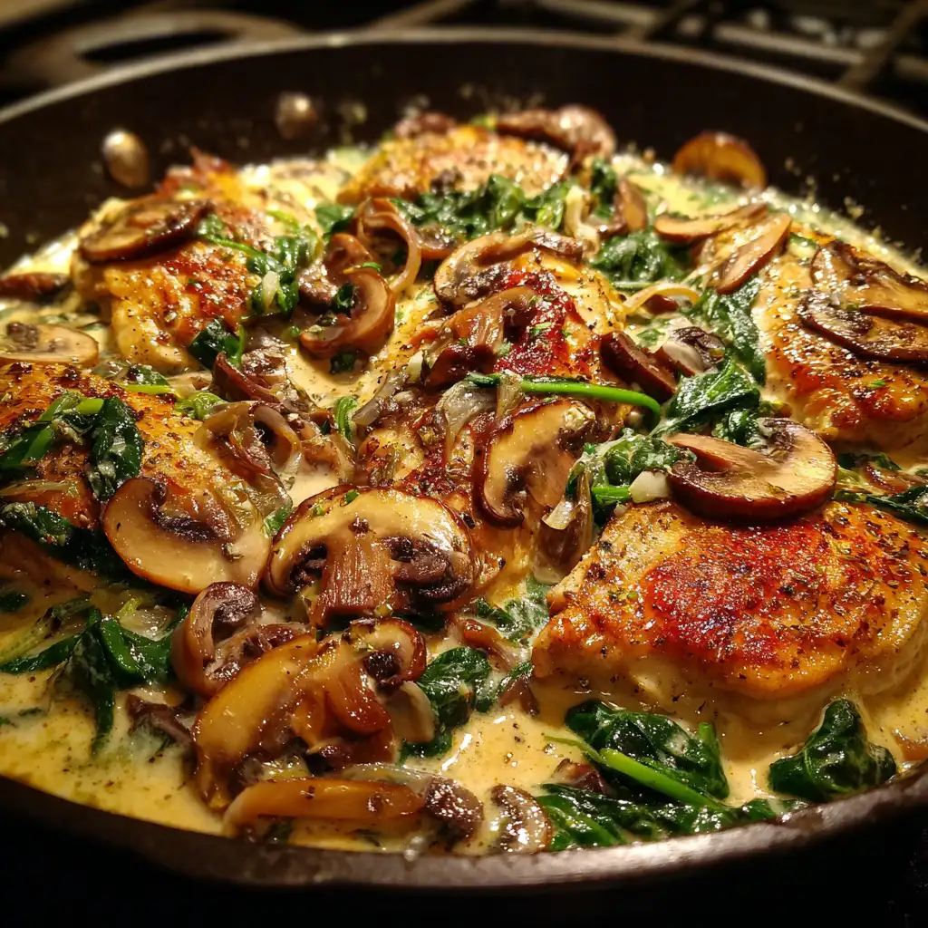 Creamy chicken mushroom spinach skillet recipe delights all!