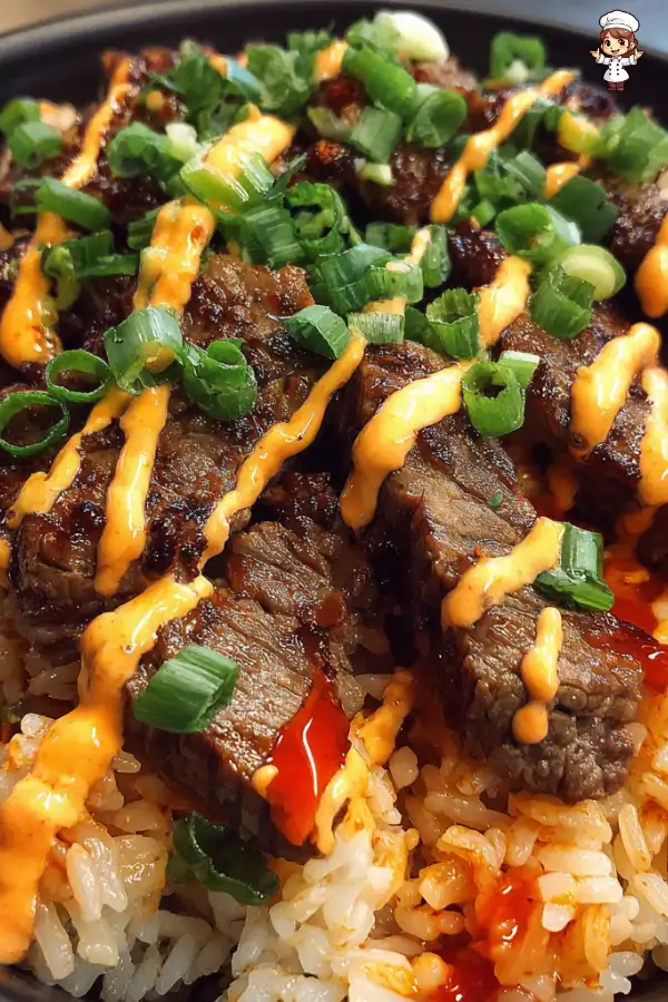 Korean BBQ steak rice bowls with spicy cream sauce delight!