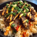 Korean BBQ steak rice bowls with spicy cream sauce delight!