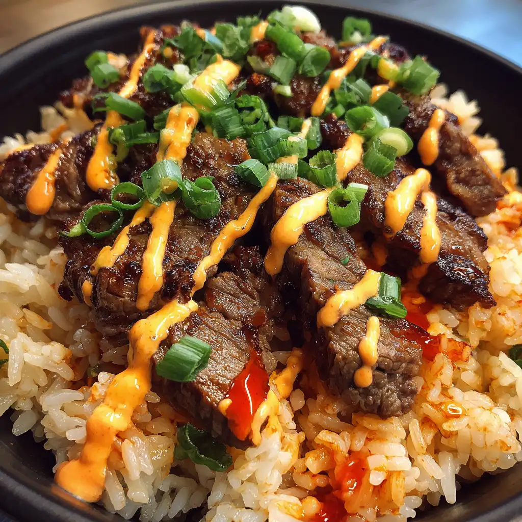 Korean BBQ steak rice bowls with spicy cream sauce delight!