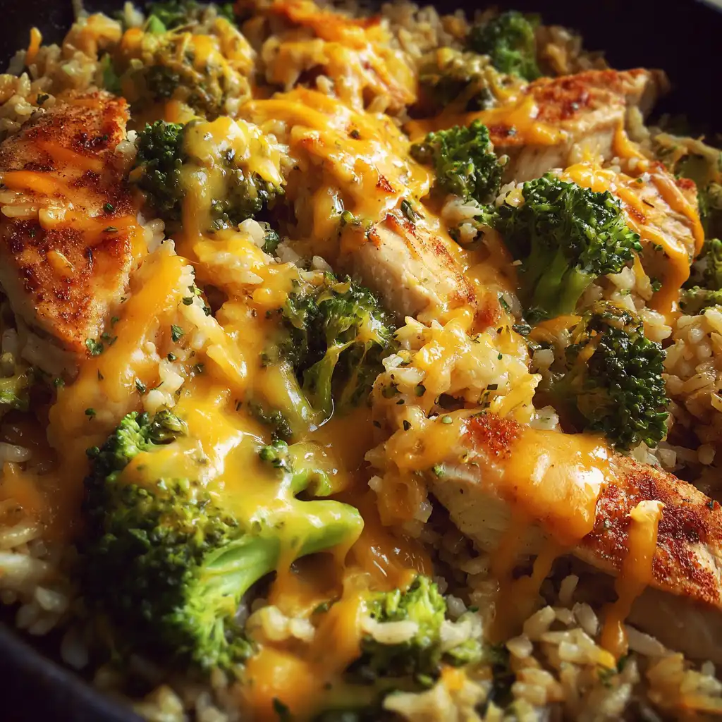 One-pan cheesy chicken broccoli rice is a family favorite!