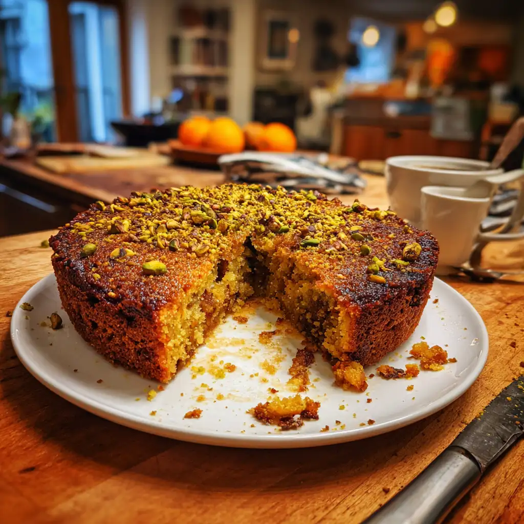 Orange Cardamom Date Cake with Pistachio Crust