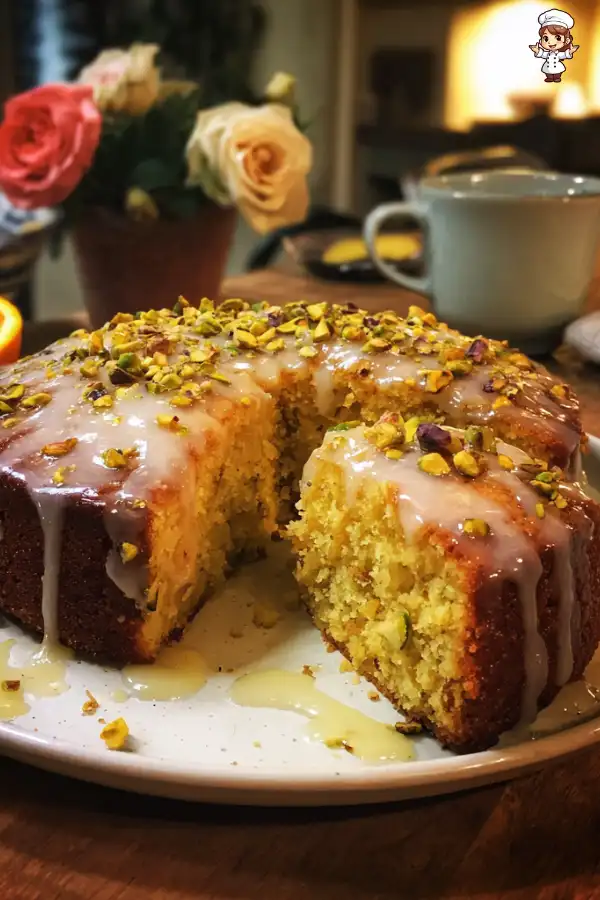 Orange Pistachio Polenta Cake with Rose Glaze