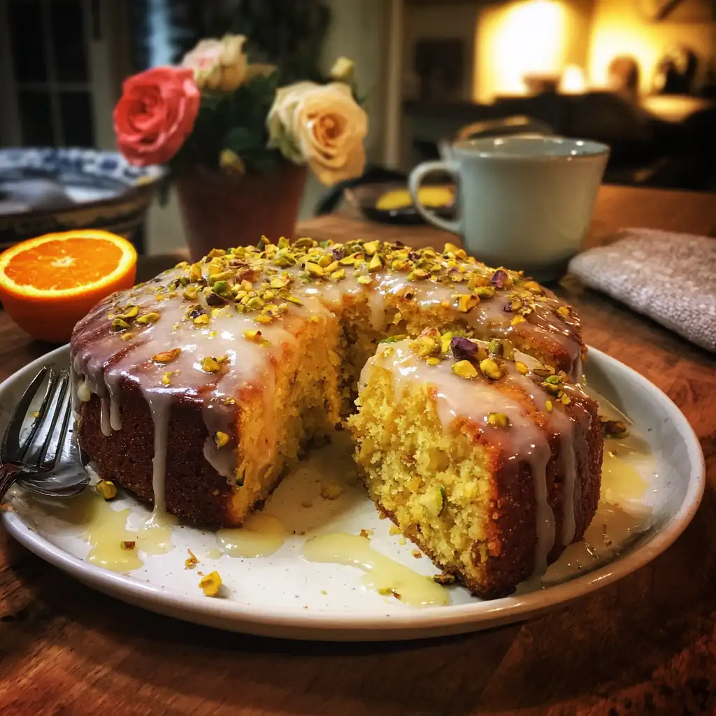 Orange Pistachio Polenta Cake with Rose Glaze