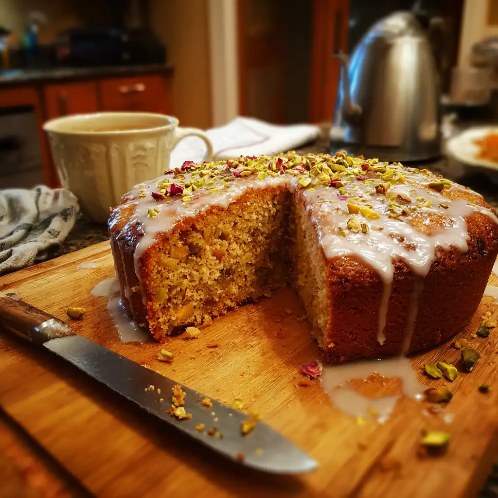 Persian Orange Pistachio Date Cake with Rosewater Glaze