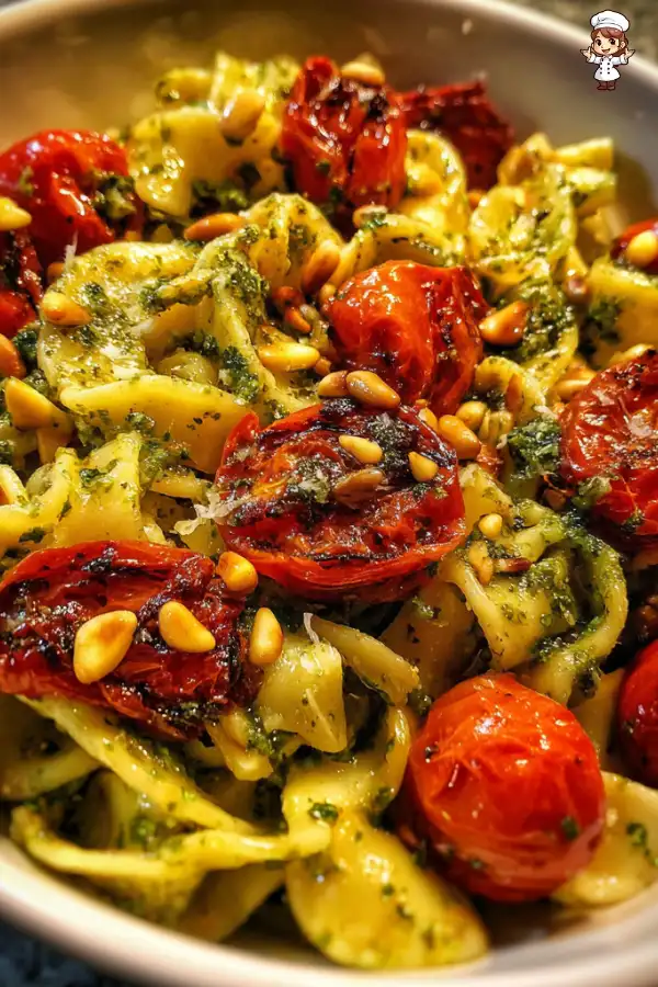 Pesto pasta with roasted tomatoes recipe is a must-try!