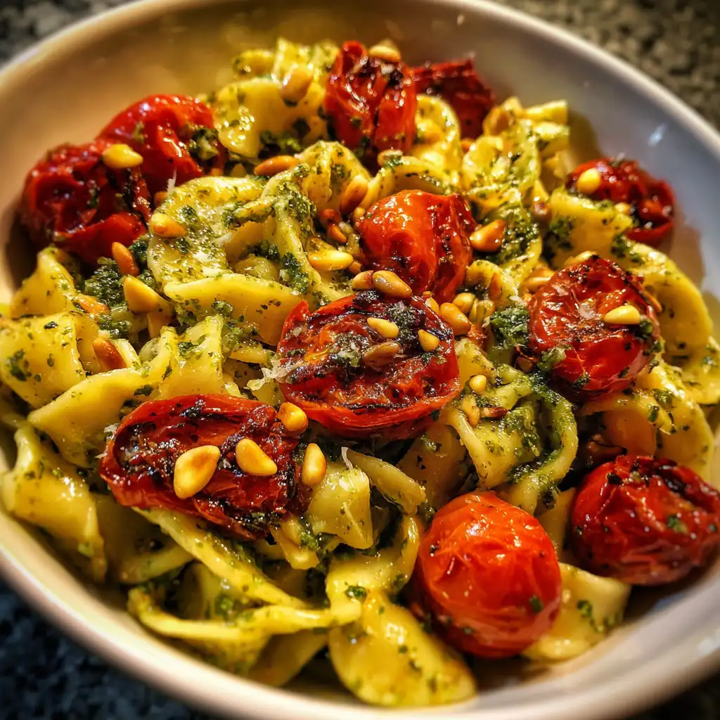 Pesto pasta with roasted tomatoes recipe is a must-try!