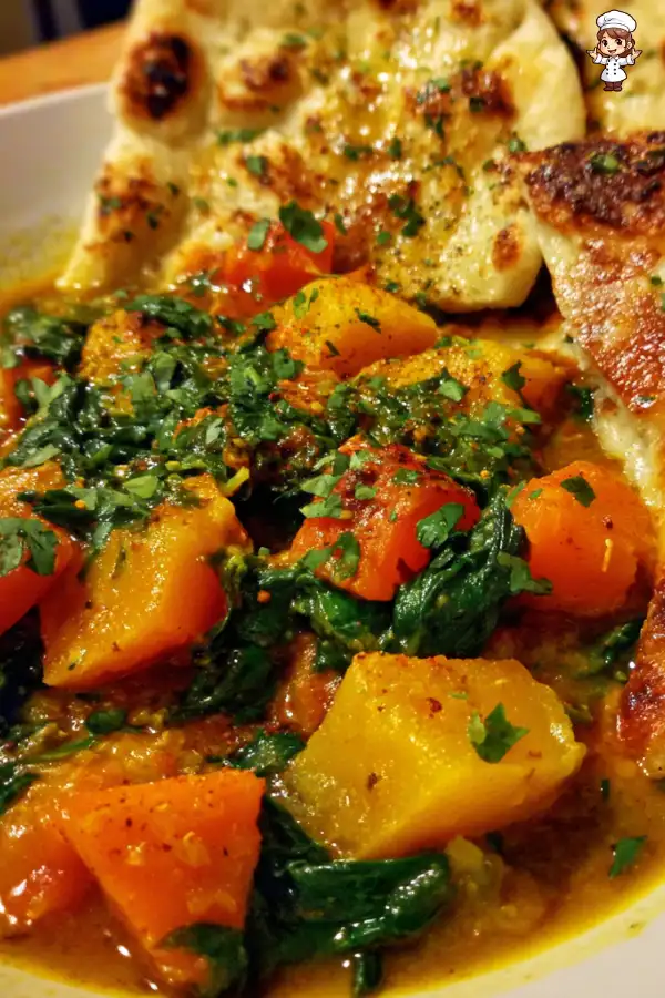 Pumpkin Spinach Curry with Garlic Naan is a must-try!