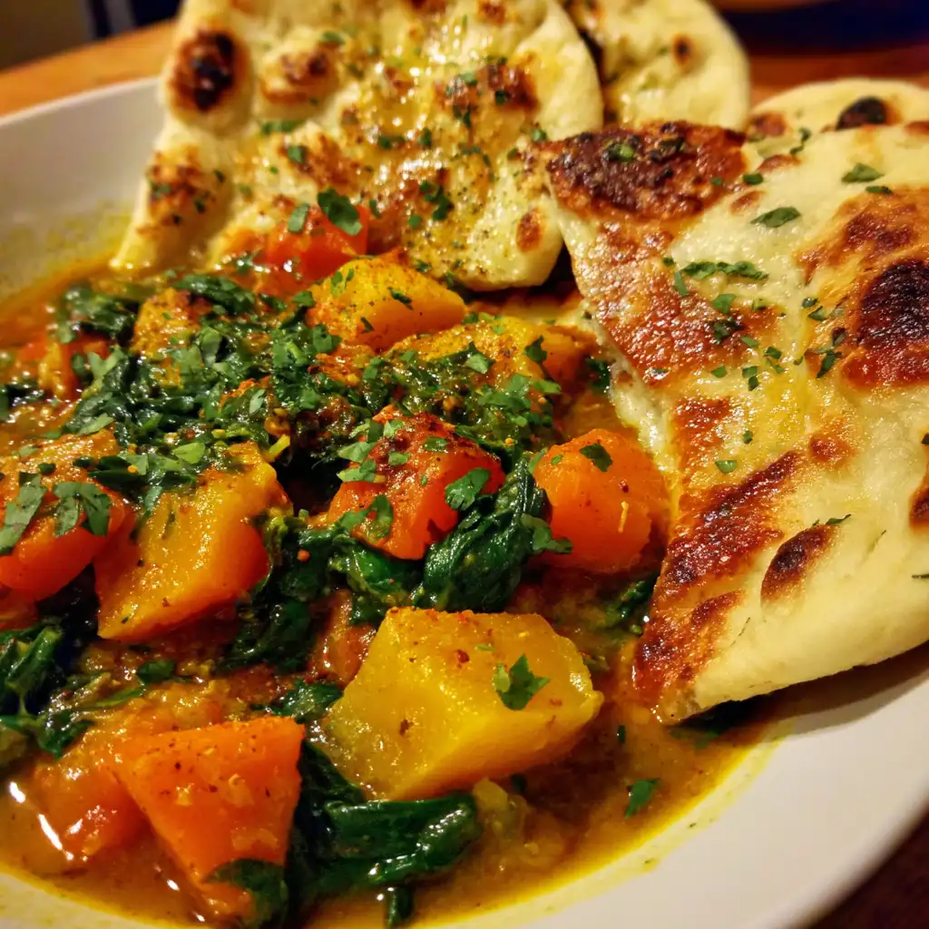 Pumpkin Spinach Curry with Garlic Naan is a must-try!