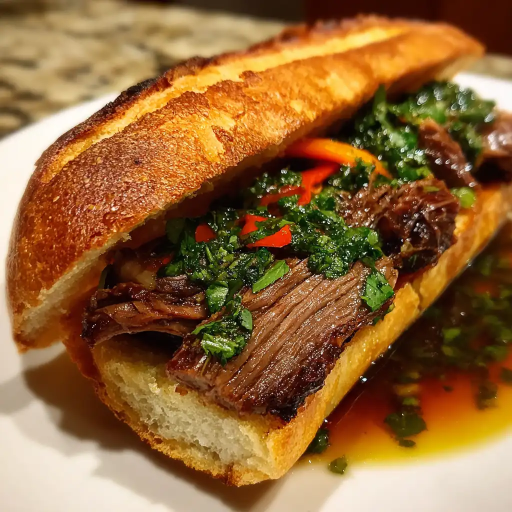Short Rib Pho Banh Mi with Thai Basil Chimichurri delights!