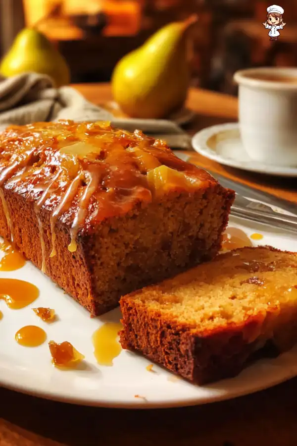 Sticky Pear and Date Loaf with Warm Ginger Syrup