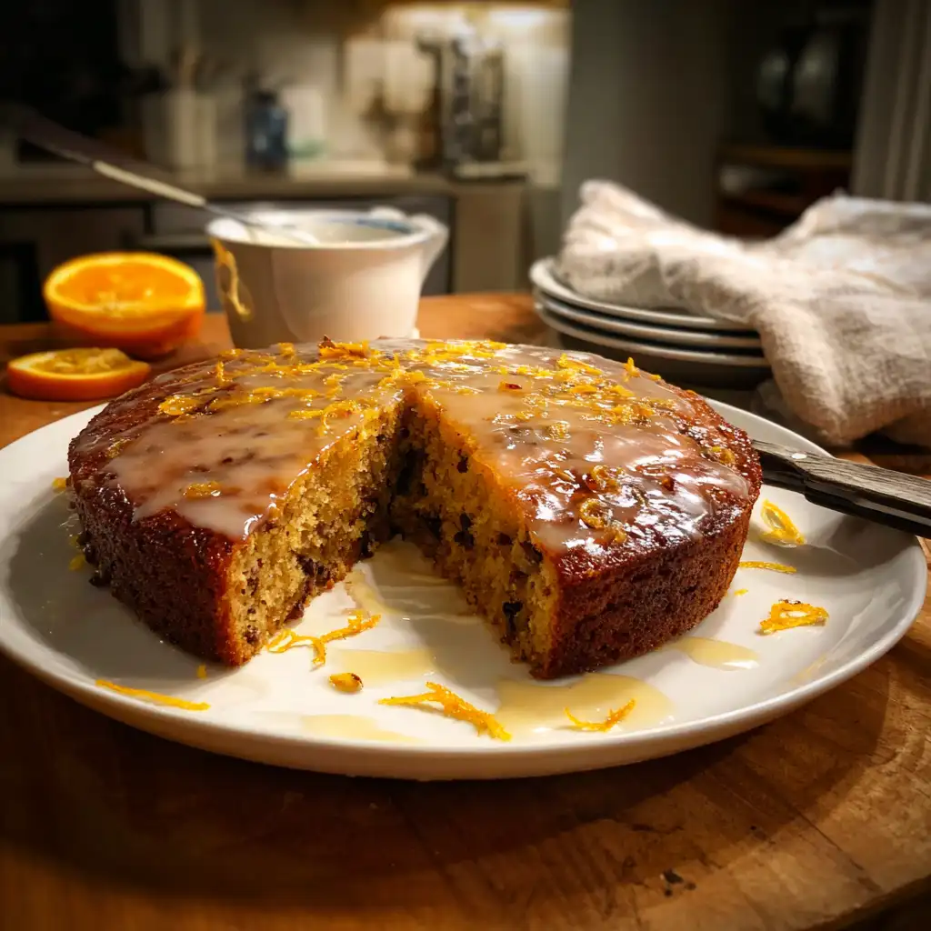 Warm Brown Sugar and Date Cake with Orange Glaze