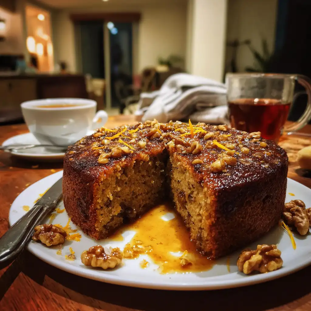 Warm Fig Walnut Cake with Orange-Rum Syrup delights all!