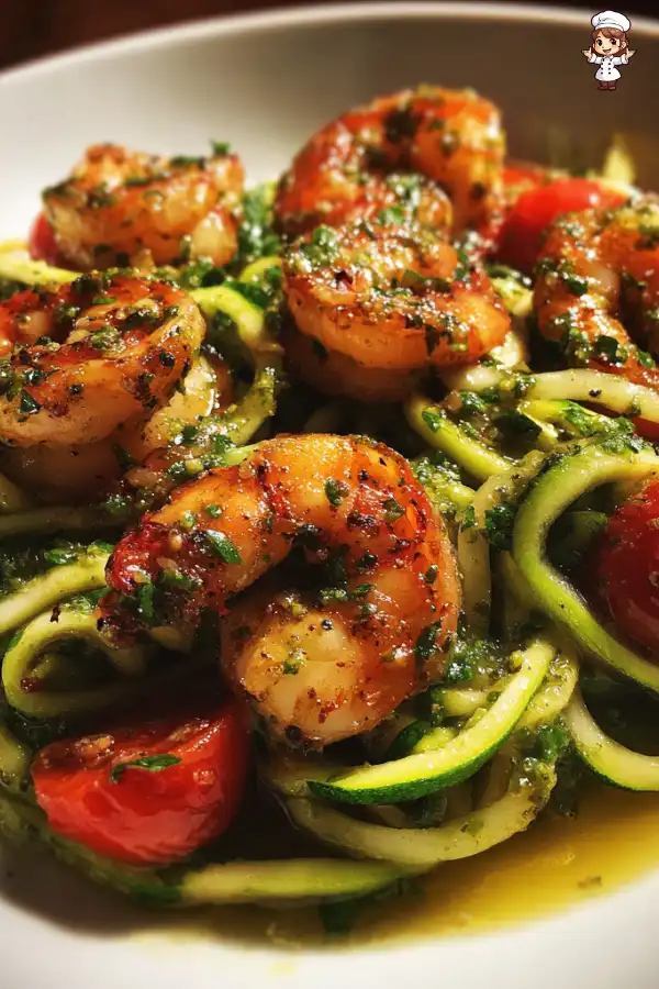 Zucchini noodles with pesto and shrimp are a must-try!