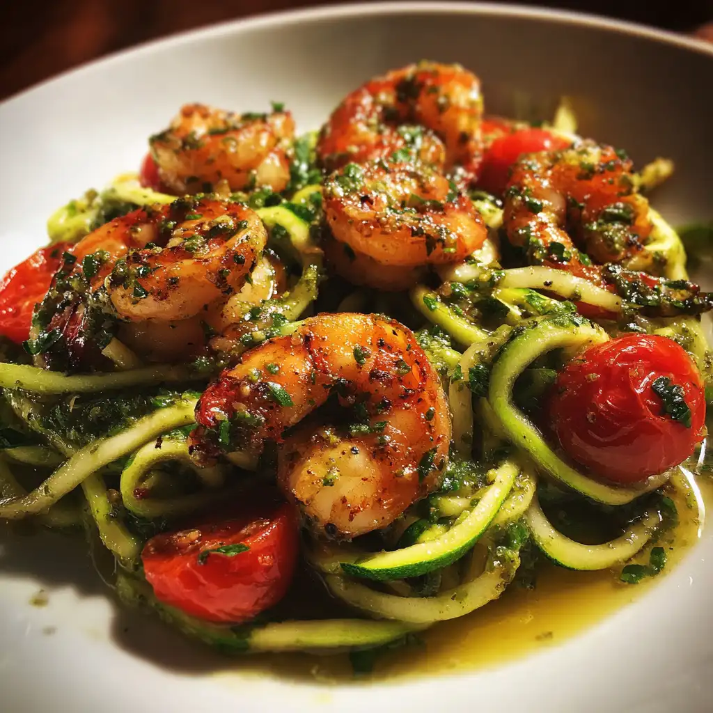 Zucchini noodles with pesto and shrimp are a must-try!