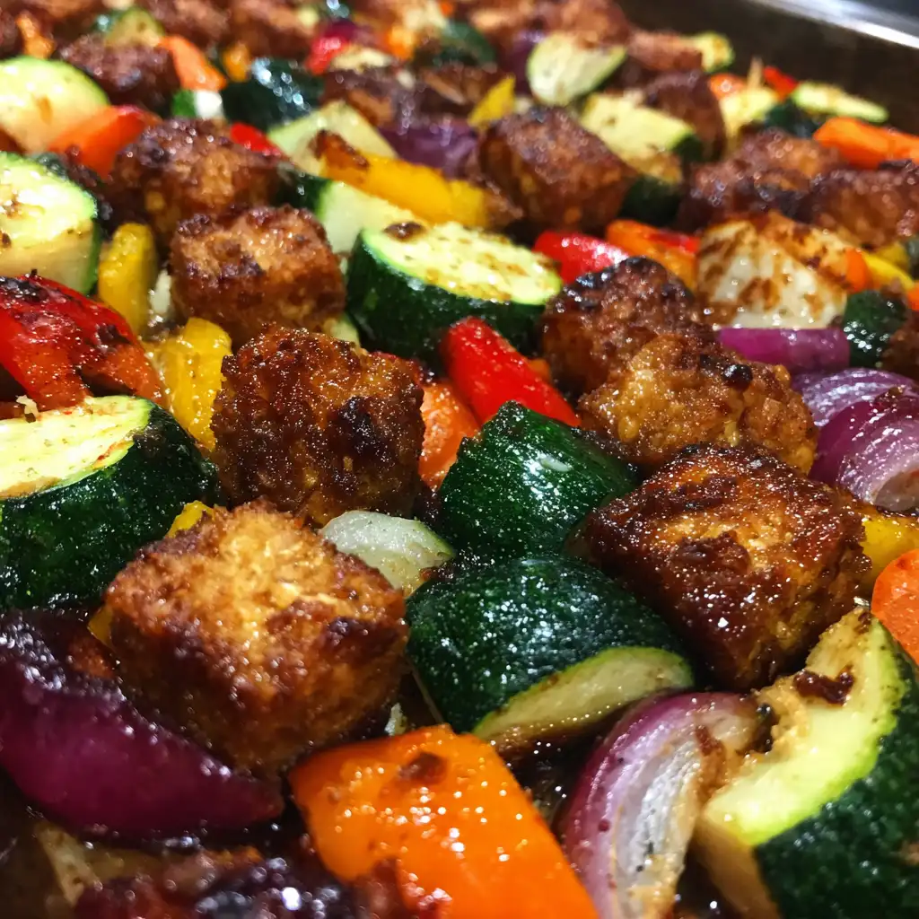 sheet pan tempeh and vegetables with cinnamon tahini sauce