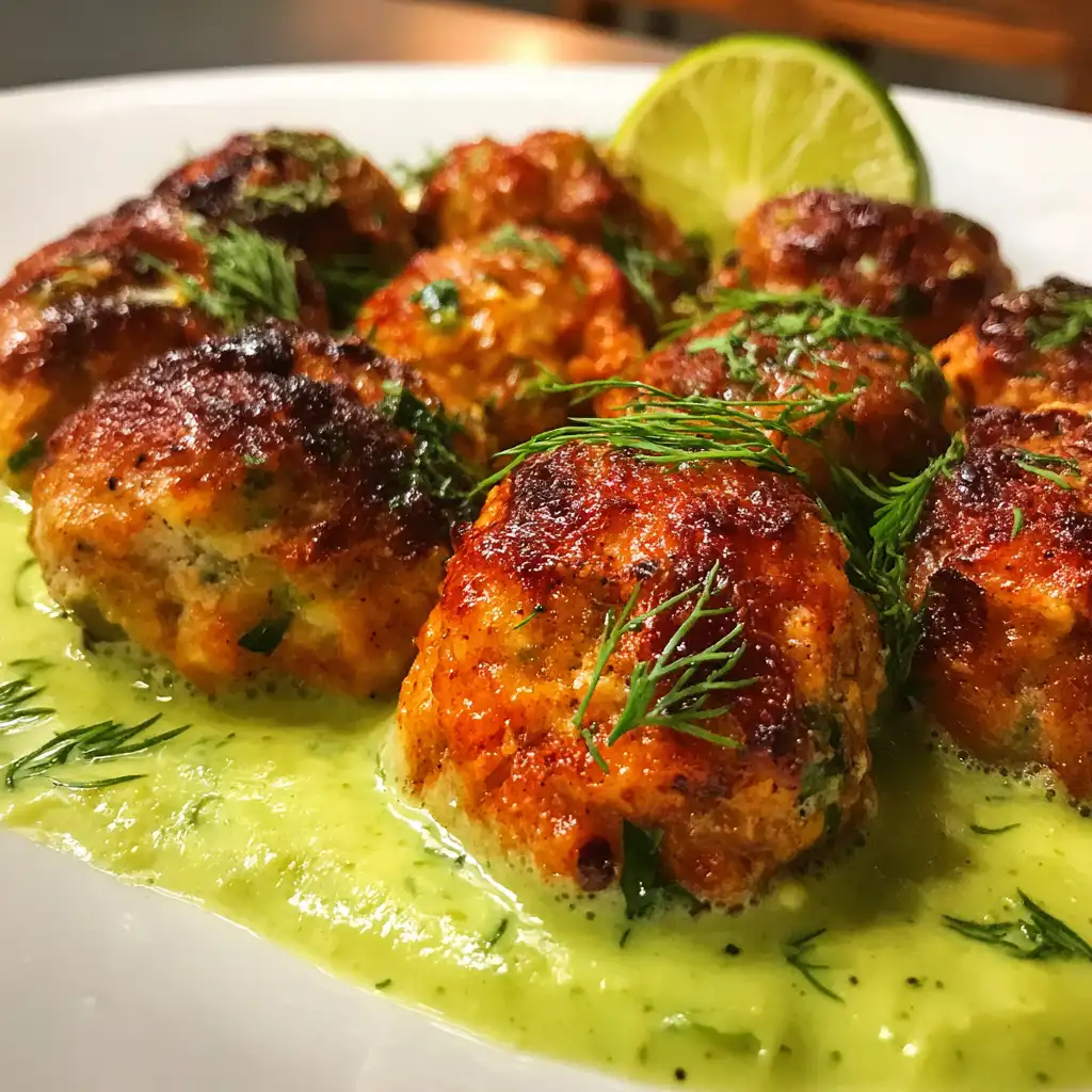 Baked salmon meatballs with avocado sauce recipe