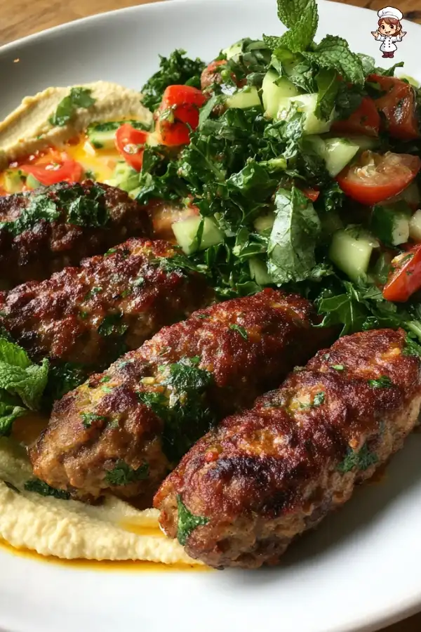 Beef kefta with hummus and tomato cucumber salad
