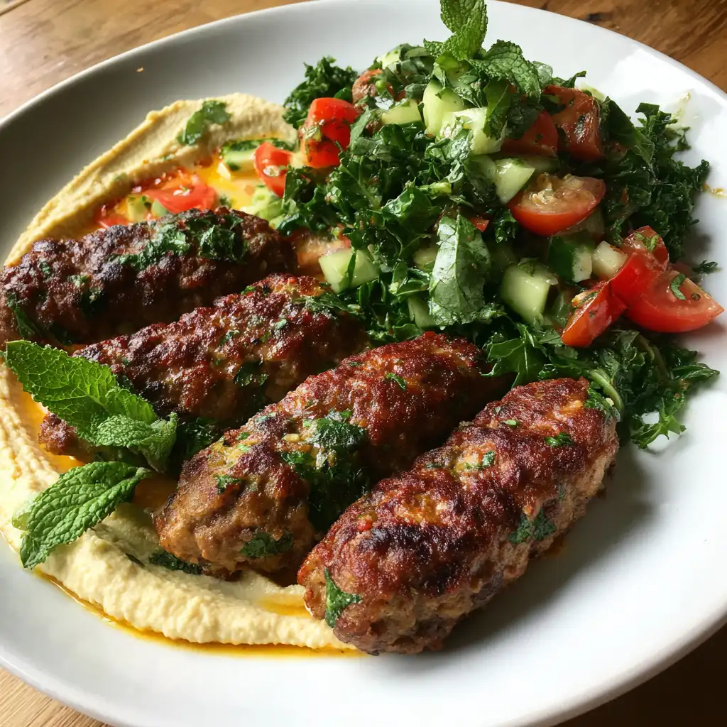 Beef kefta with hummus and tomato cucumber salad