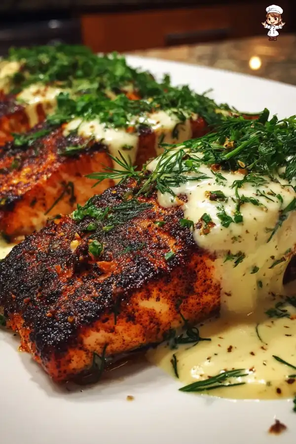 Blackened salmon with creamy Dijon sauce