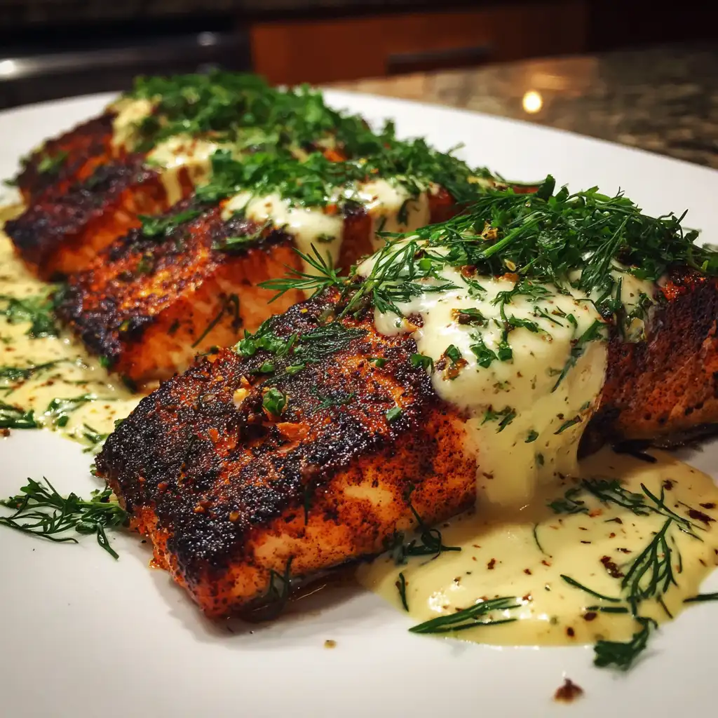 Blackened salmon with creamy Dijon sauce