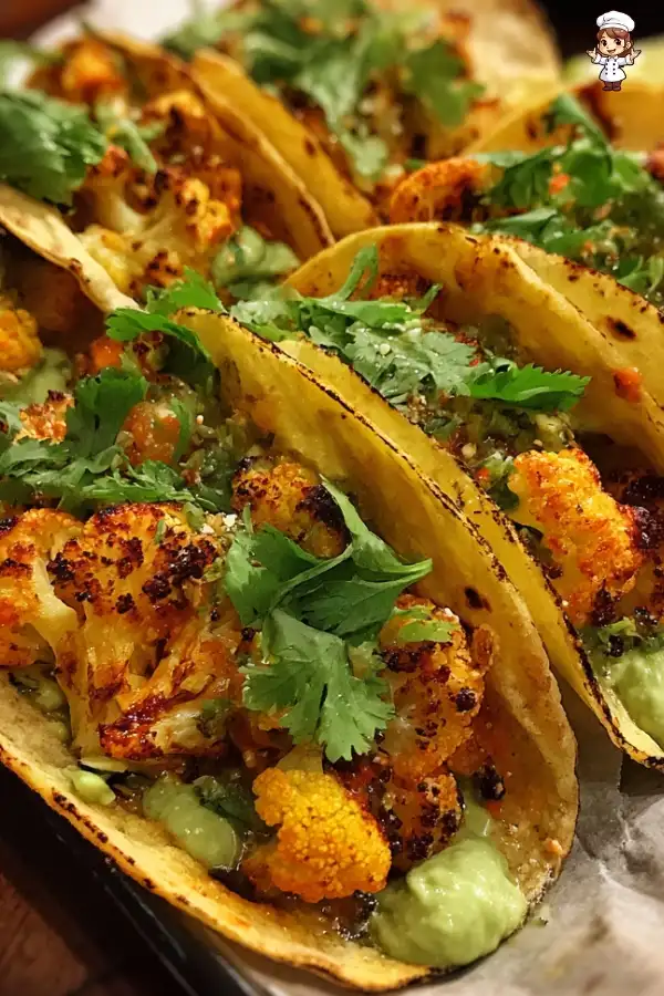 Buffalo cauliflower tacos with avocado crema