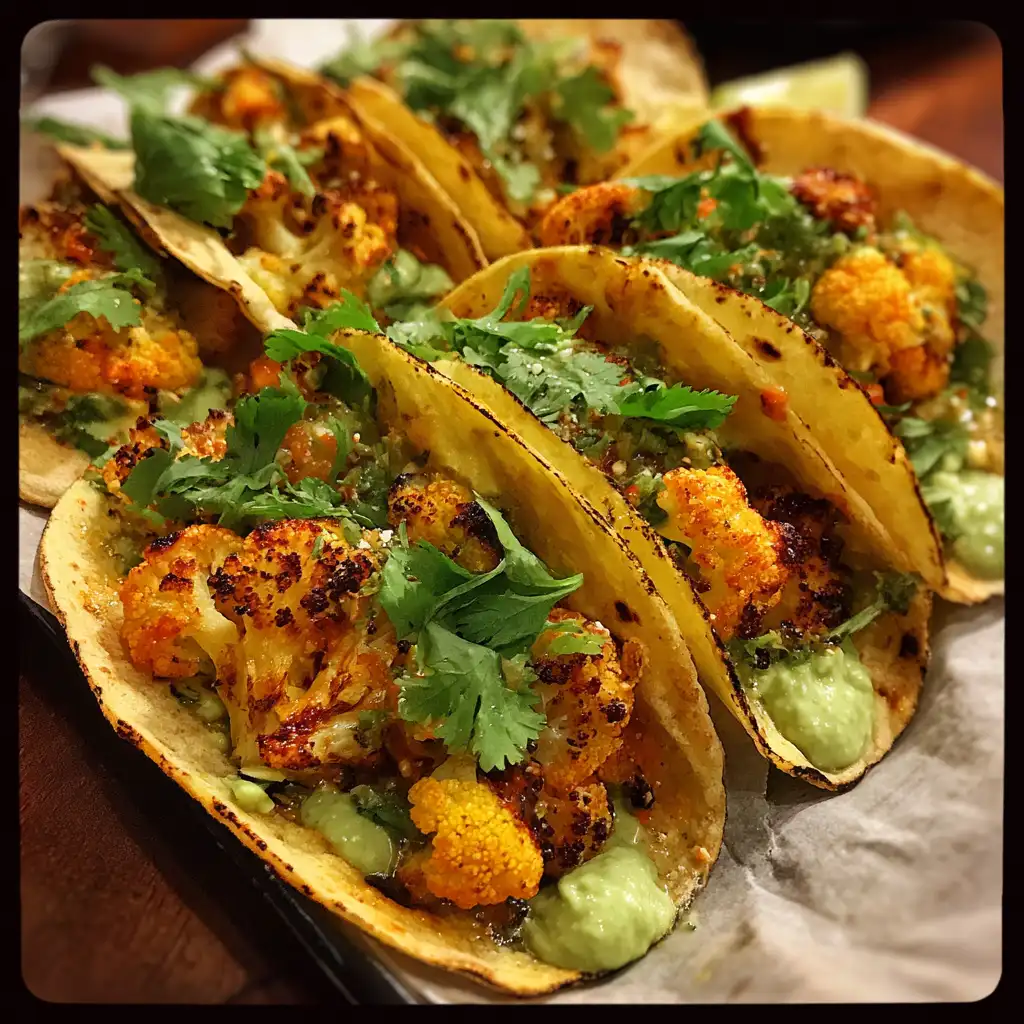 Buffalo cauliflower tacos with avocado crema