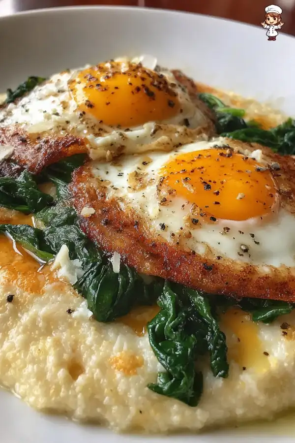 Cheesy grits with spinach and fried eggs recipe
