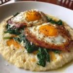 Cheesy grits with spinach and fried eggs recipe