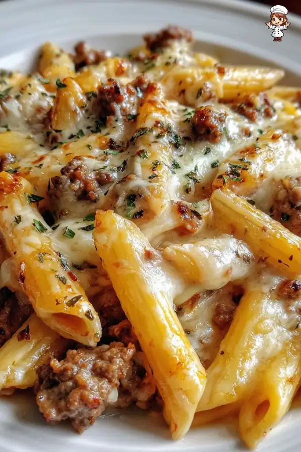 Cheesy penne with garlic butter beef