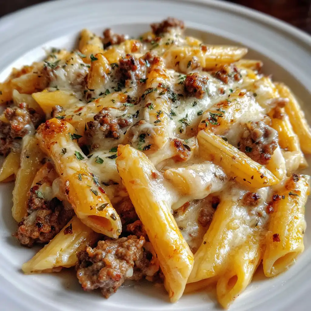 Cheesy penne with garlic butter beef