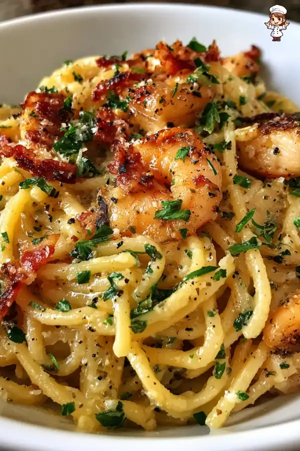Chicken and shrimp carbonara is a must-try recipe!