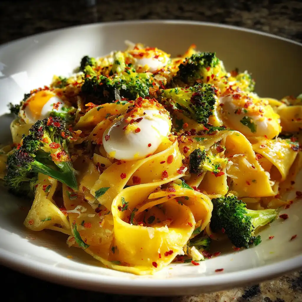 Chili Garlic Pappardelle with Broccoli and Soft Eggs