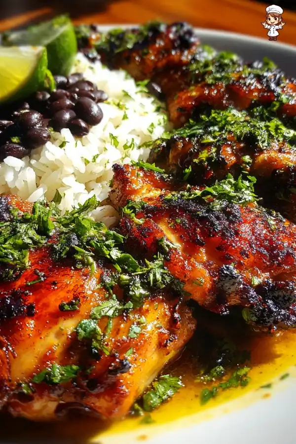 Cilantro orange chicken with rice and beans