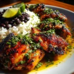 Cilantro orange chicken with rice and beans
