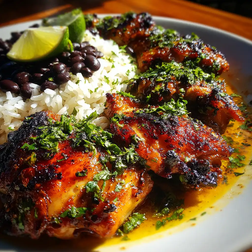 Cilantro orange chicken with rice and beans