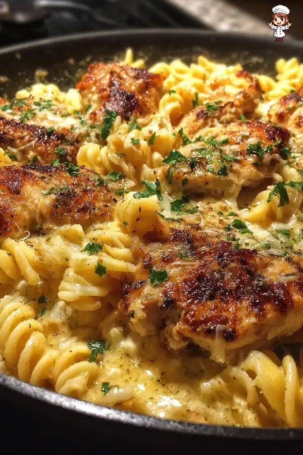 Creamy garlic butter chicken with rotini in parmesan sauce