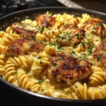 Creamy garlic butter chicken with rotini in parmesan sauce