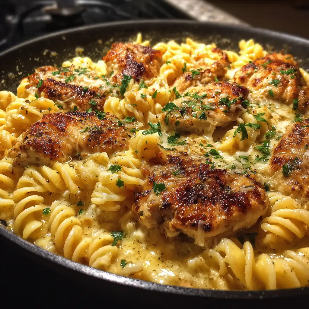 Creamy garlic butter chicken with rotini in parmesan sauce