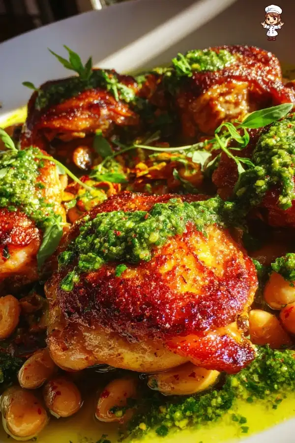 Crispy chicken with cannellini beans and pistachio pesto