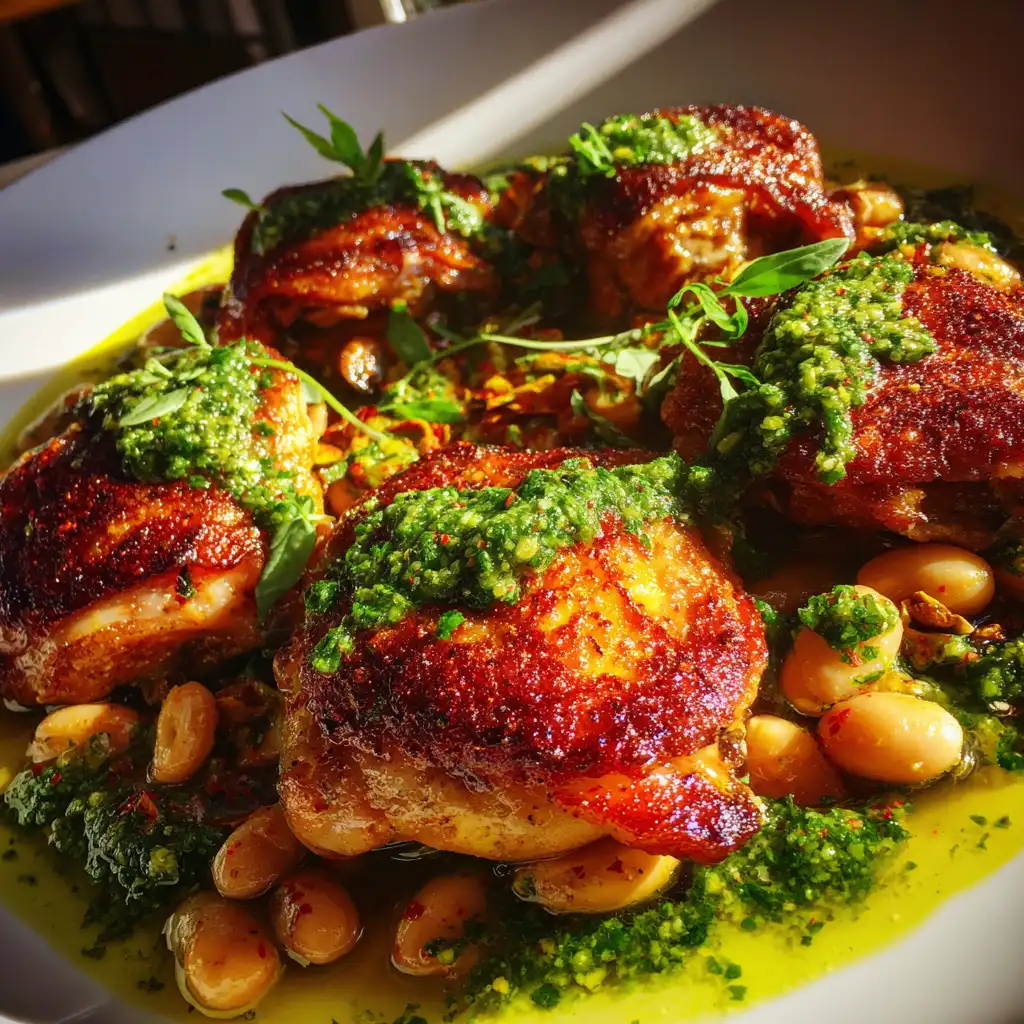 Crispy chicken with cannellini beans and pistachio pesto