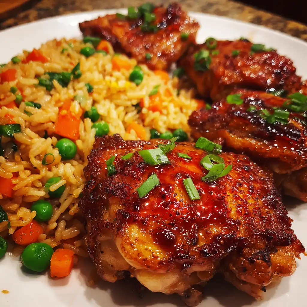 Crispy chicken with vegetable fried rice delights every bite!