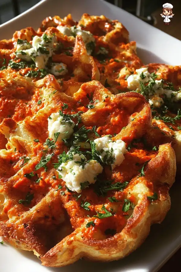Egg waffles with romesco sauce and goat cheese