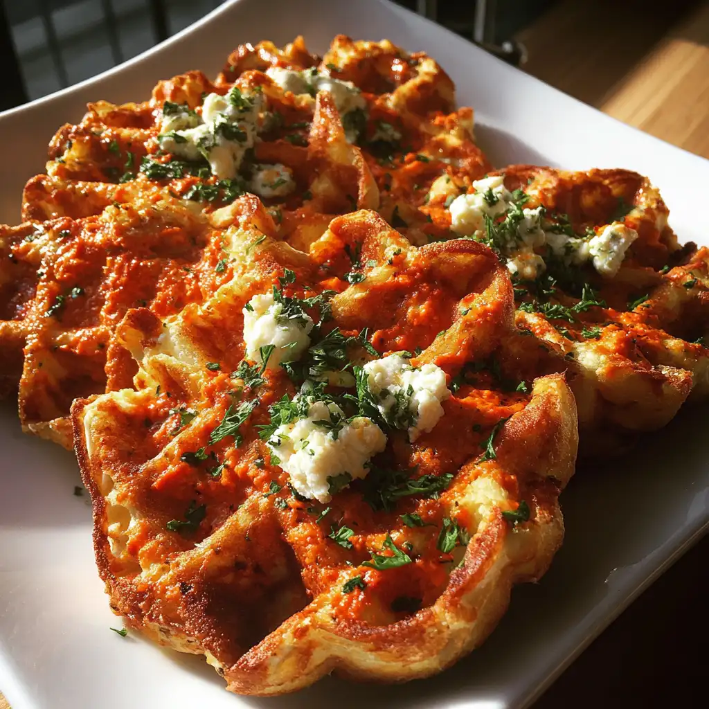 Egg waffles with romesco sauce and goat cheese