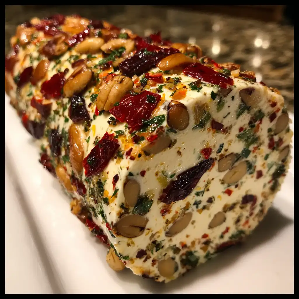 Festive holiday cream cheese antipasto log