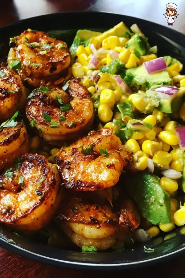 Grilled shrimp bowl with avocado corn salsa